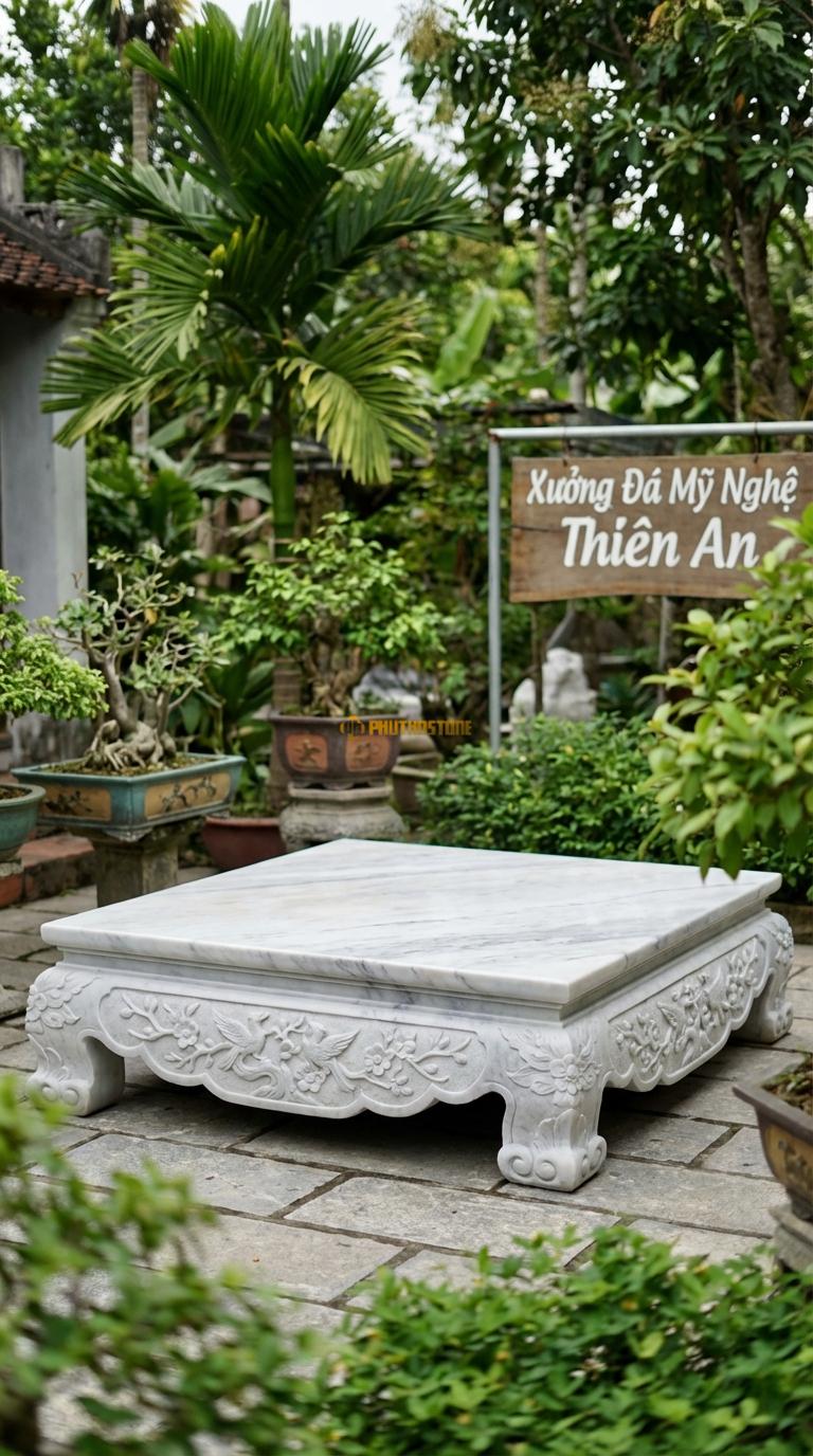 Sập Mai Điểu Cổ Đồ Đá Trắng Yên Bái Chạm hoa mai và chim điểu uyển chuyển, Kích thước 1m8 x 2m2 x 60cm
