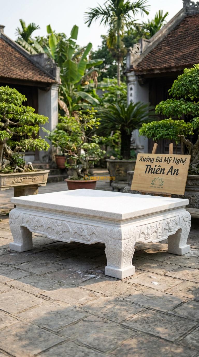 Sập Ngũ Phúc Kim Tiền Đá Trắng Muối Chạm 5 con dơi ngậm đồng tiền (Phúc Lộc), Kích thước 1m6 x 2m0 x 55cm