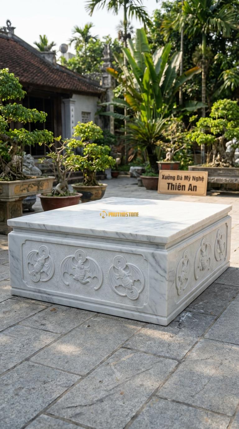 Sập Ngũ Phúc Kim Tiền Đá Trắng Yên Bái Chạm 5 con dơi ngậm đồng tiền (Phúc Lộc), Kích thước 1m6 x 2m0 x 55cm