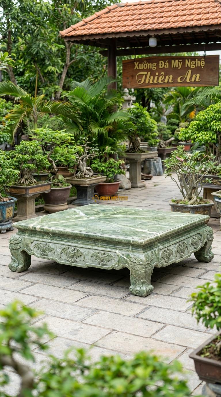 Sập Ngũ Phúc Kim Tiền Đá Xanh Ấn Chạm 5 con dơi ngậm đồng tiền (Phúc Lộc), Kích thước 1m6 x 2m0 x 55cm