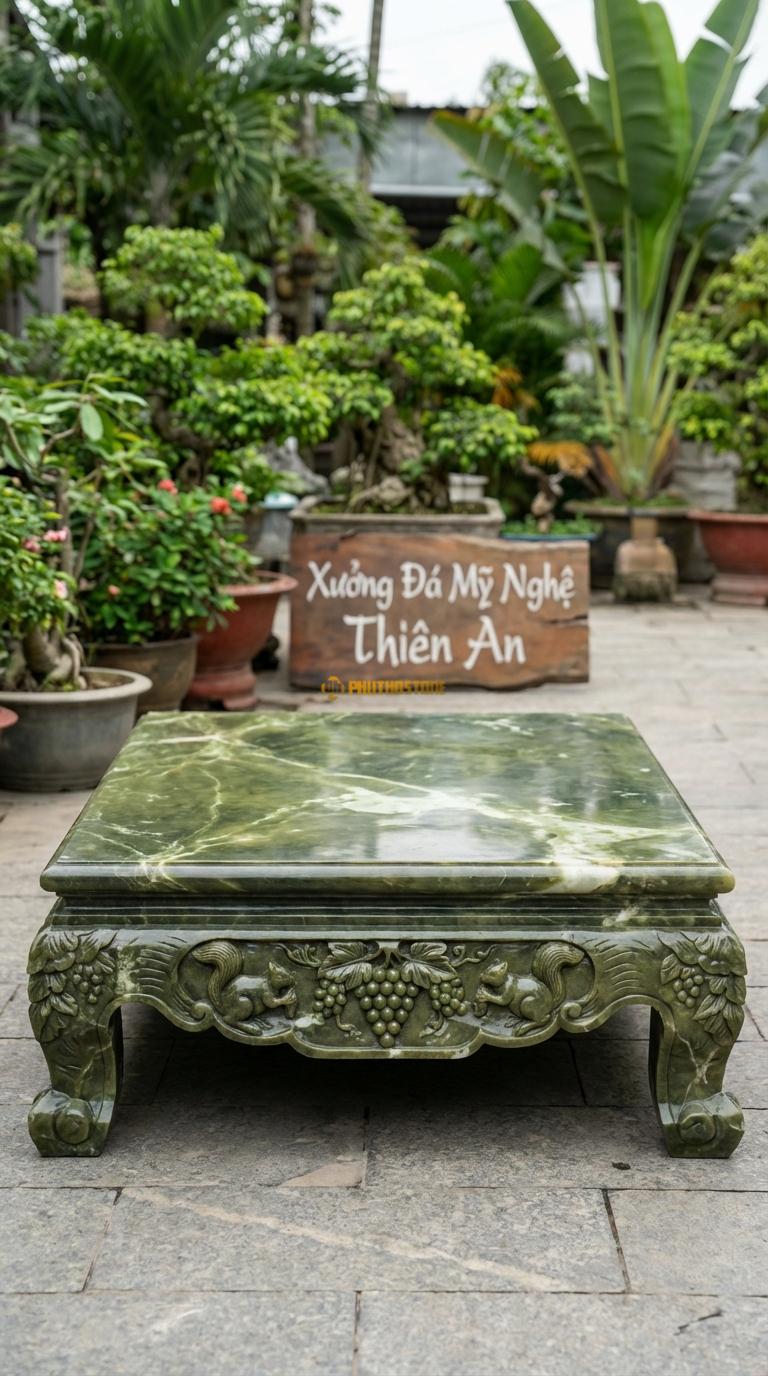 Sập Nho Sóc (Dây Nho Con Sóc) Đá Serpentine Chạm chùm nho và sóc, tượng trưng sự sung túc, Kích thước 1m6 x 2m0 x 50cm