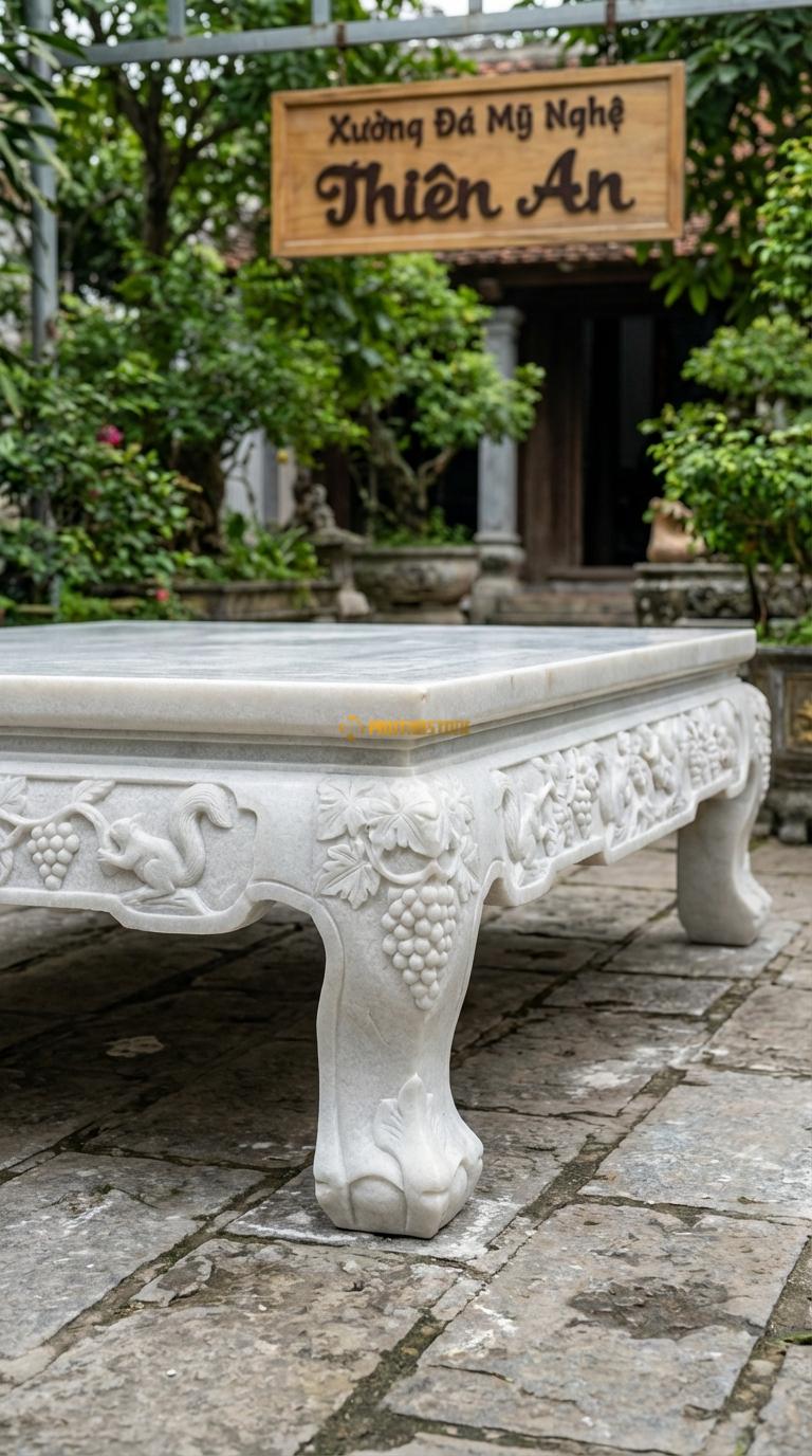 Sập Nho Sóc (Dây Nho Con Sóc) Đá Trắng Muối Chạm chùm nho và sóc, tượng trưng sự sung túc, Kích thước 1m6 x 2m0 x 50cm