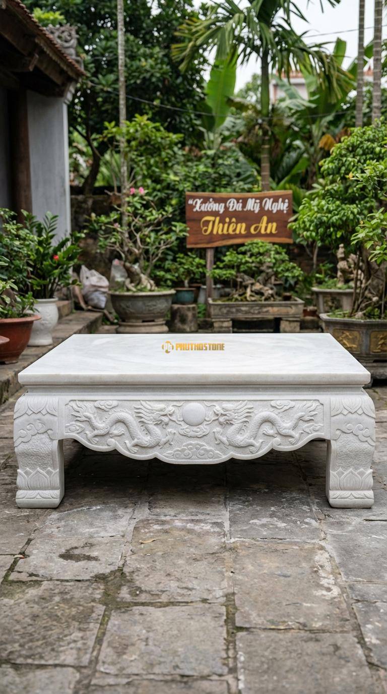 Sập Rồng Chầu Mặt Nguyệt Đá Trắng Muối Chạm đôi rồng hướng về mặt trăng chính giữa, Kích thước 1m8 x 2m2 x 60cm