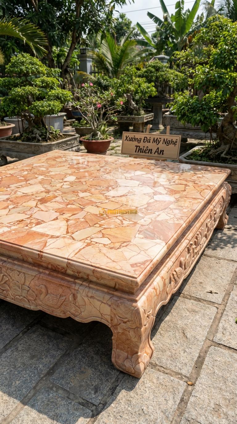 Sập Sen Vịt (Bảo Áp Xuyên Liên) Đá Hồng Chạm hồ sen và vịt, nét mềm mại, dân dã, Kích thước 1m8 x 2m2 x 60cm
