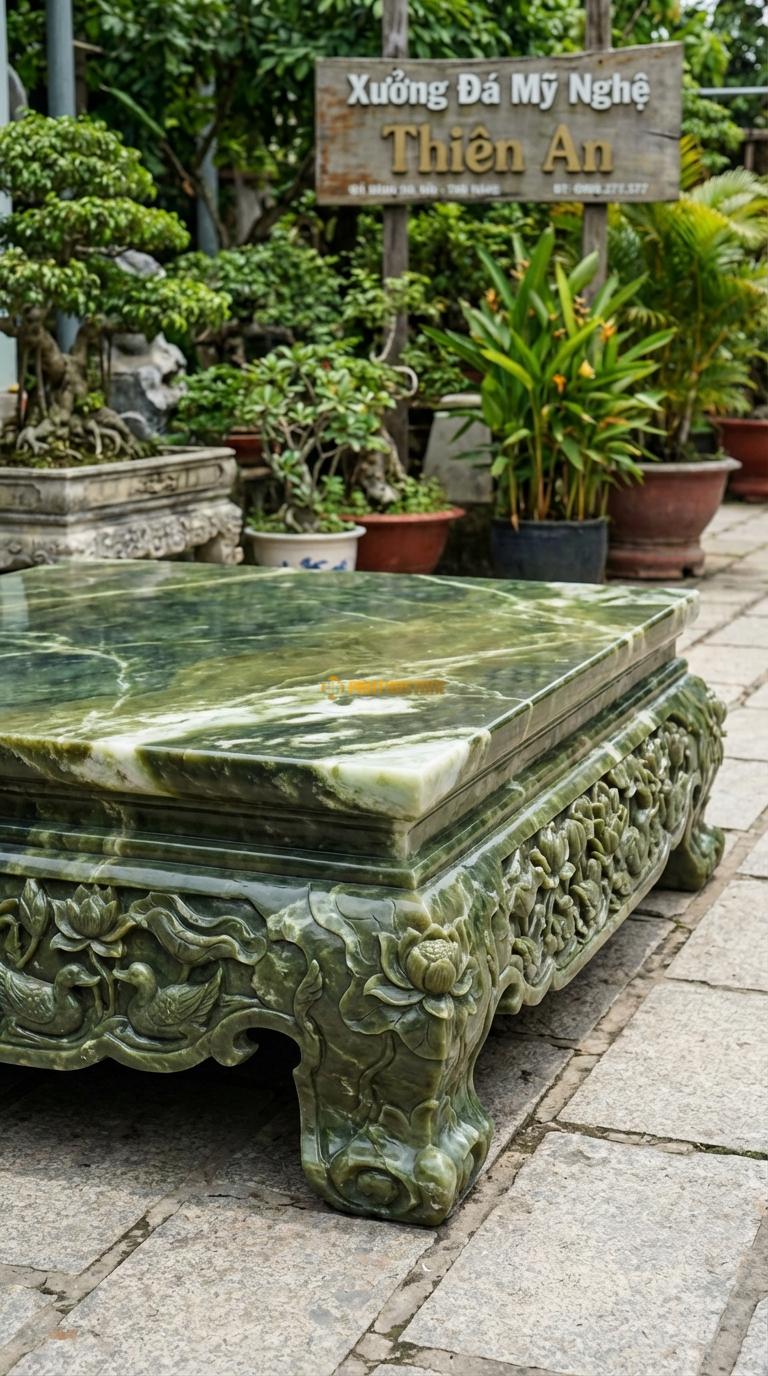 Sập Sen Vịt (Bảo Áp Xuyên Liên) Đá Serpentine Chạm hồ sen và vịt, nét mềm mại, dân dã, Kích thước 1m8 x 2m2 x 60cm