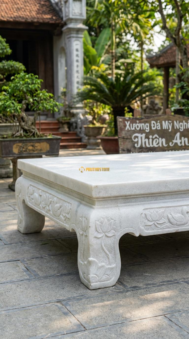 Sập Sen Vịt (Bảo Áp Xuyên Liên) Đá Trắng Muối Chạm hồ sen và vịt, nét mềm mại, dân dã, Kích thước 1m8 x 2m2 x 60cm
