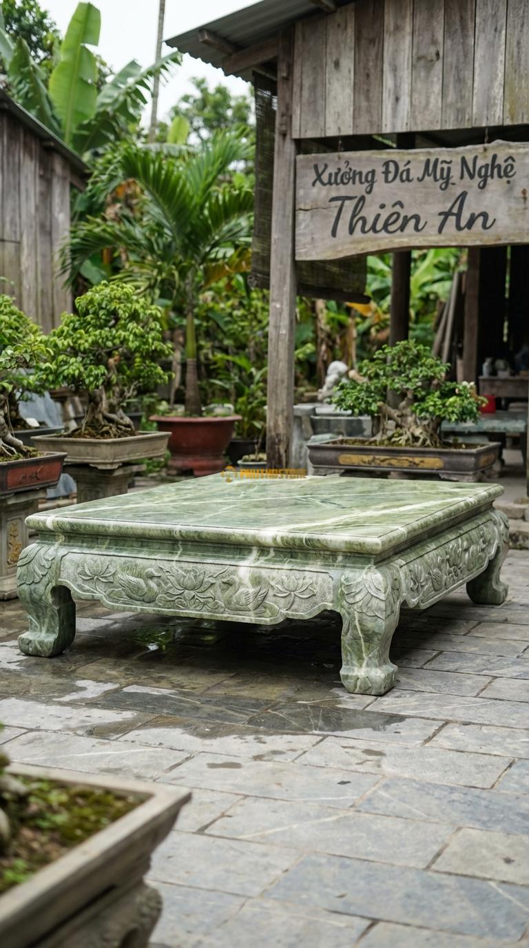 Sập Sen Vịt (Bảo Áp Xuyên Liên) Đá Xanh Ấn Chạm hồ sen và vịt, nét mềm mại, dân dã, Kích thước 1m8 x 2m2 x 60cm