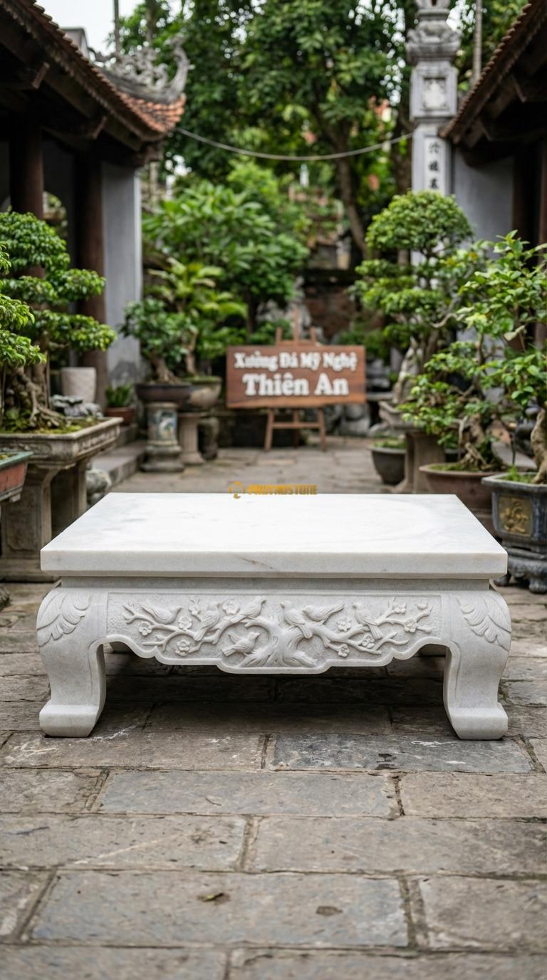 Sập Thập Điểu Quần Mai Đá Trắng Muối Chạm 10 chú chim vui đùa trên cây mai già, Kích thước 2m2 x 2m6 x 70cm