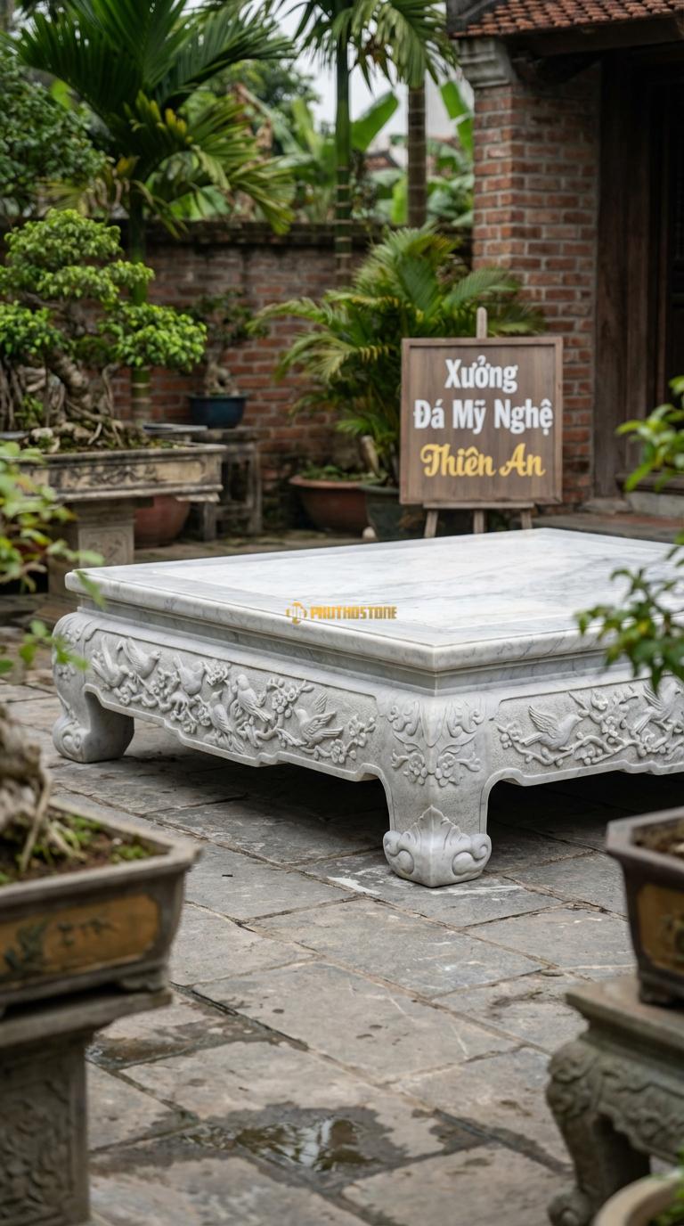 Sập Thập Điểu Quần Mai Đá Trắng Yên Bái Chạm 10 chú chim vui đùa trên cây mai già, Kích thước 2m2 x 2m6 x 70cm