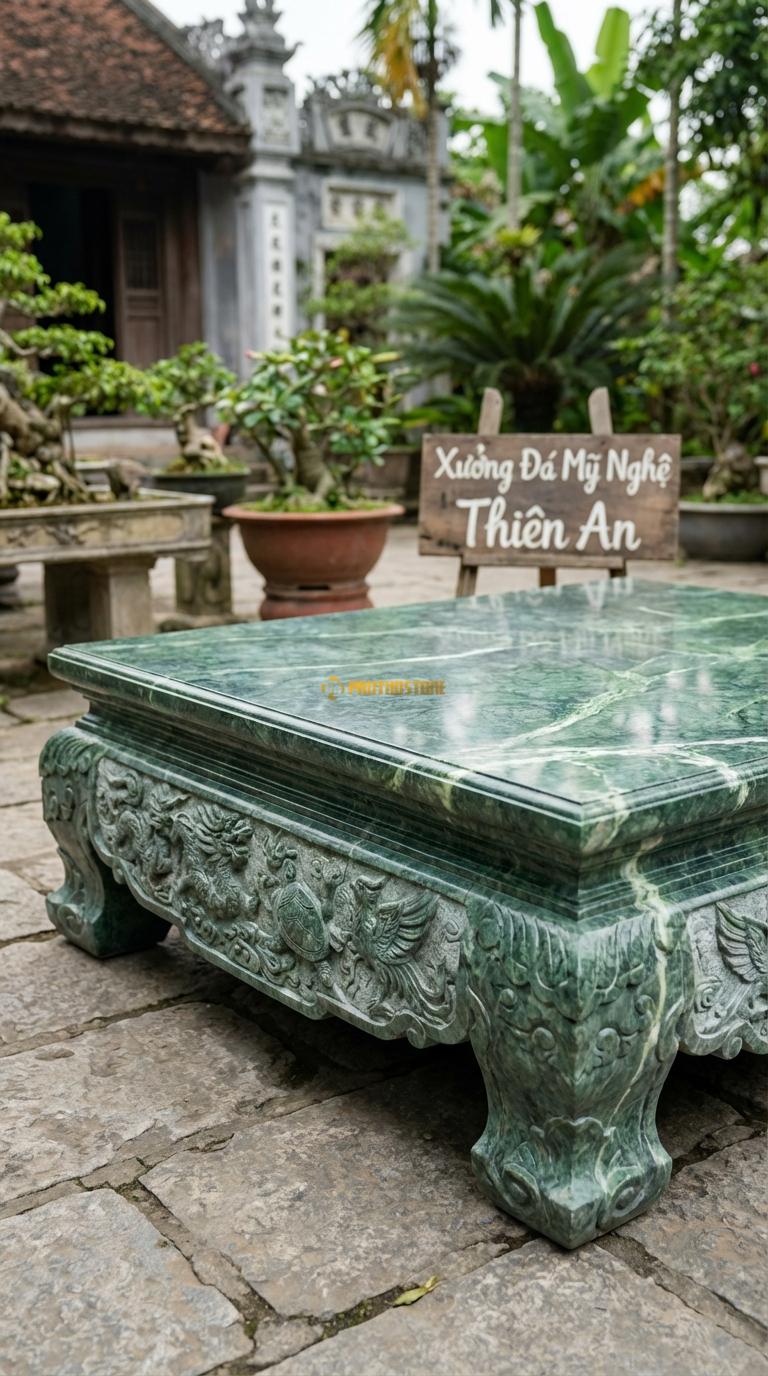 Sập Tứ Linh Hội Tụ Đá Xanh Ấn Chạm kênh bong 4 linh vật: Long, Lân, Quy, Phụng, Kích thước 1m8 x 2m2 x 60cm