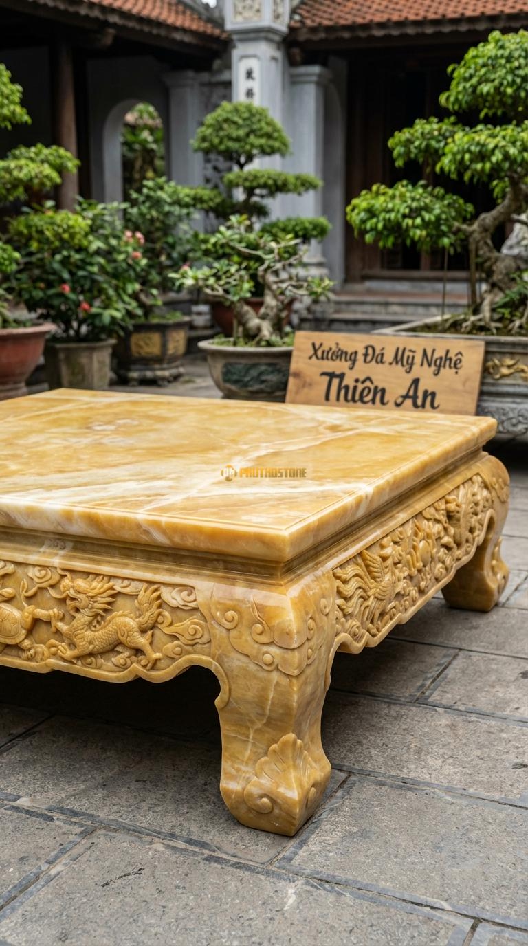 Sập Tứ Linh Hội Tụ Ngọc hoàng long Chạm kênh bong 4 linh vật: Long, Lân, Quy, Phụng, Kích thước 1m8 x 2m2 x 60cm