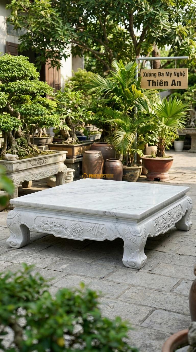 Sập Tứ Quý Bốn Mùa Đá Trắng Yên Bái Chạm 4 bức tranh Tùng – Cúc – Trúc – Mai, Kích thước 1m6 x 2m0 x 55cm