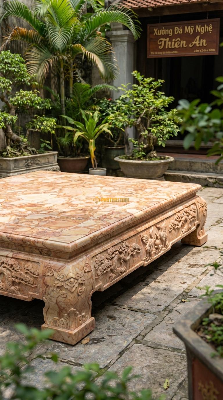 Sập Tùng Hạc Diên Niên Đá Hồng Chạm cây tùng và chim hạc (biểu tượng trường thọ), Kích thước 2m0 x 2m4 x 65cm