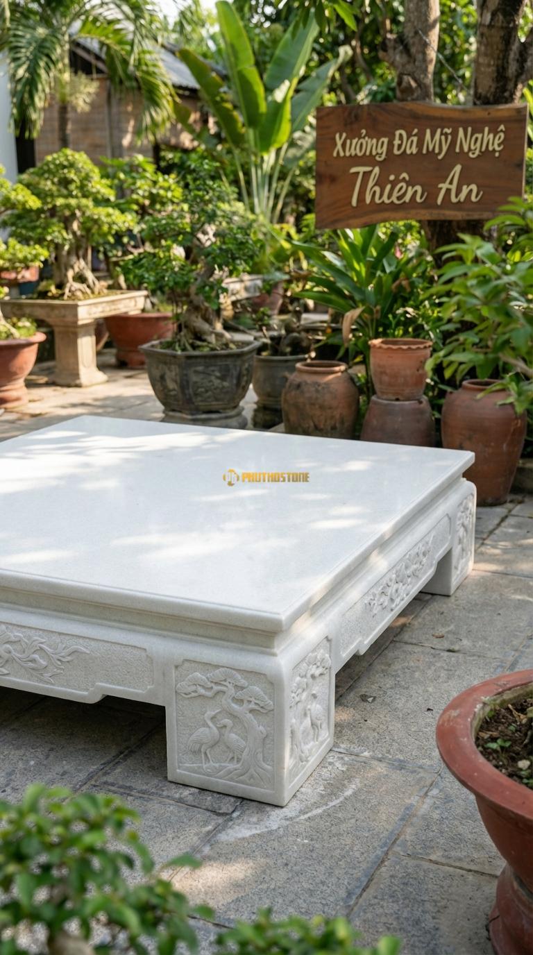 Sập Tùng Hạc Diên Niên Đá Trắng Muối Chạm cây tùng và chim hạc (biểu tượng trường thọ), Kích thước 2m0 x 2m4 x 65cm