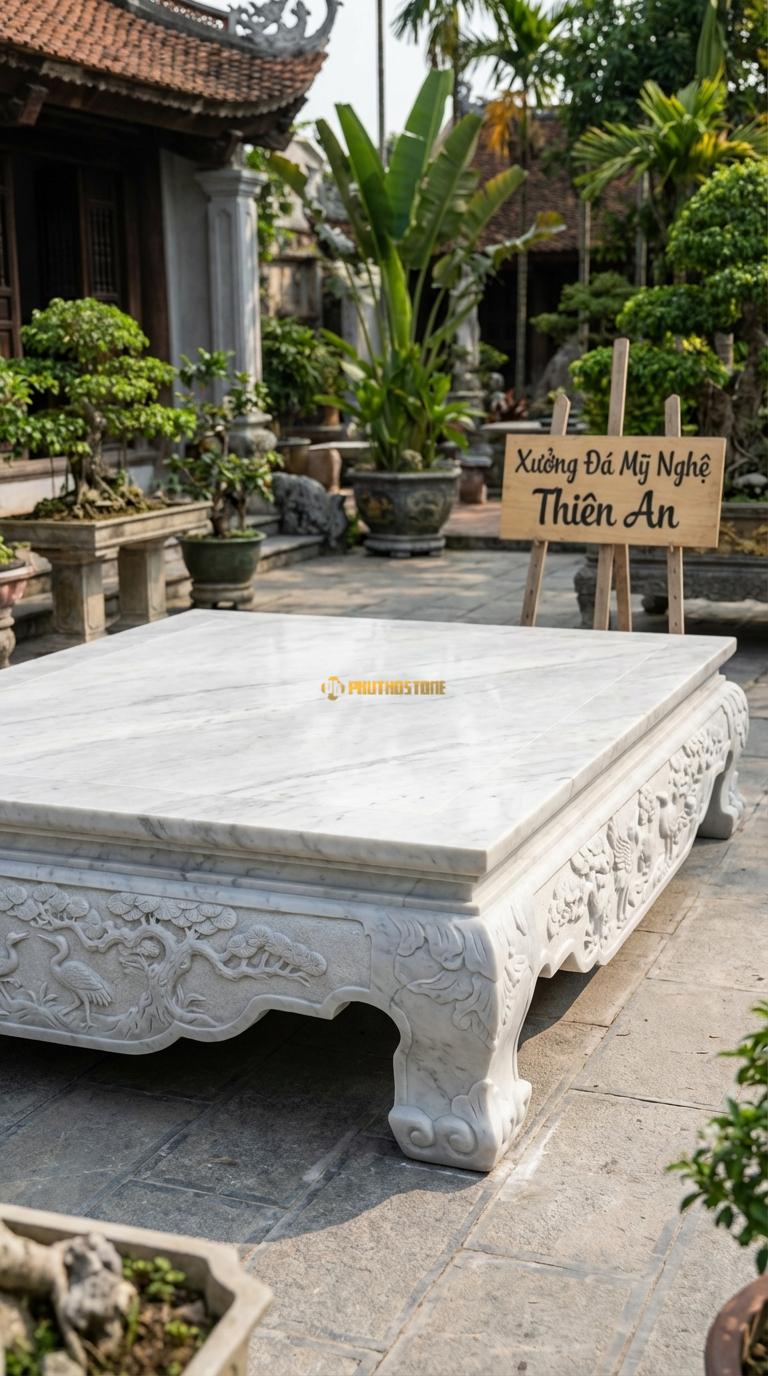 Sập Tùng Hạc Diên Niên Đá Trắng Yên Bái Chạm cây tùng và chim hạc (biểu tượng trường thọ), Kích thước 2m0 x 2m4 x 65cm