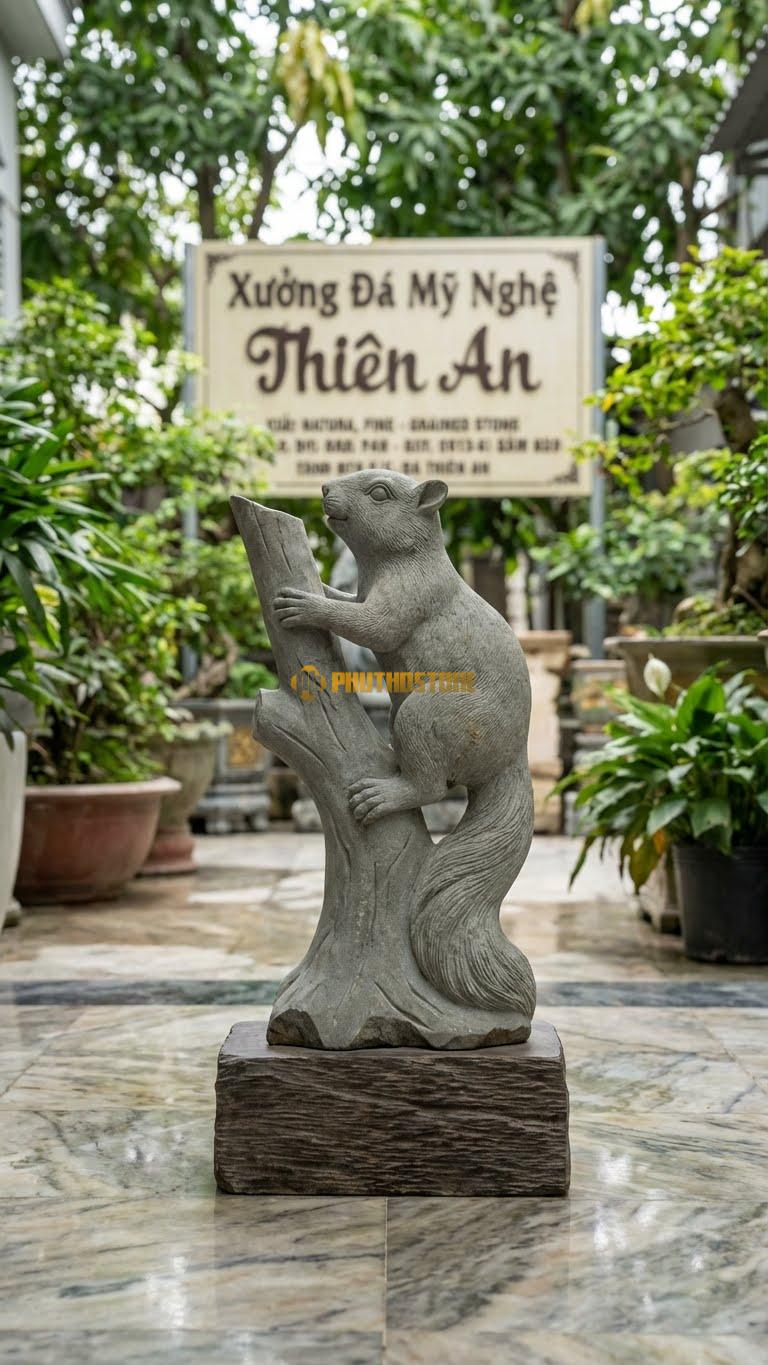 Sóc Leo Cành Cây Bằng Đá Sa Thạch, Kiểu Dáng Tượng Kèm Đế Giả Gỗ/Cành Cây. Kích Thước Cao 30cm.