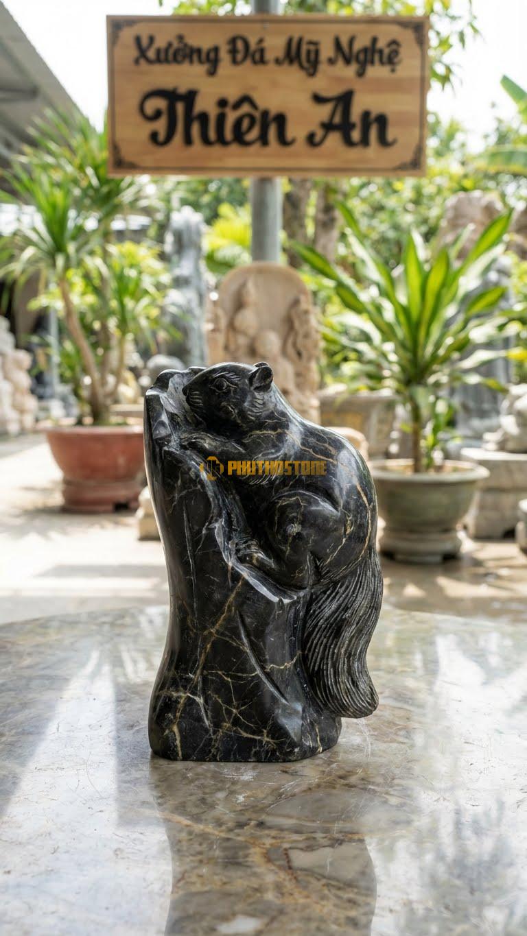 Sóc Ngủ Đông Bằng Đá Đen Chỉ Nâu, Kiểu Dáng Cuộn Tròn Trong Hốc Cây. Kích Thước Cao 15cm.