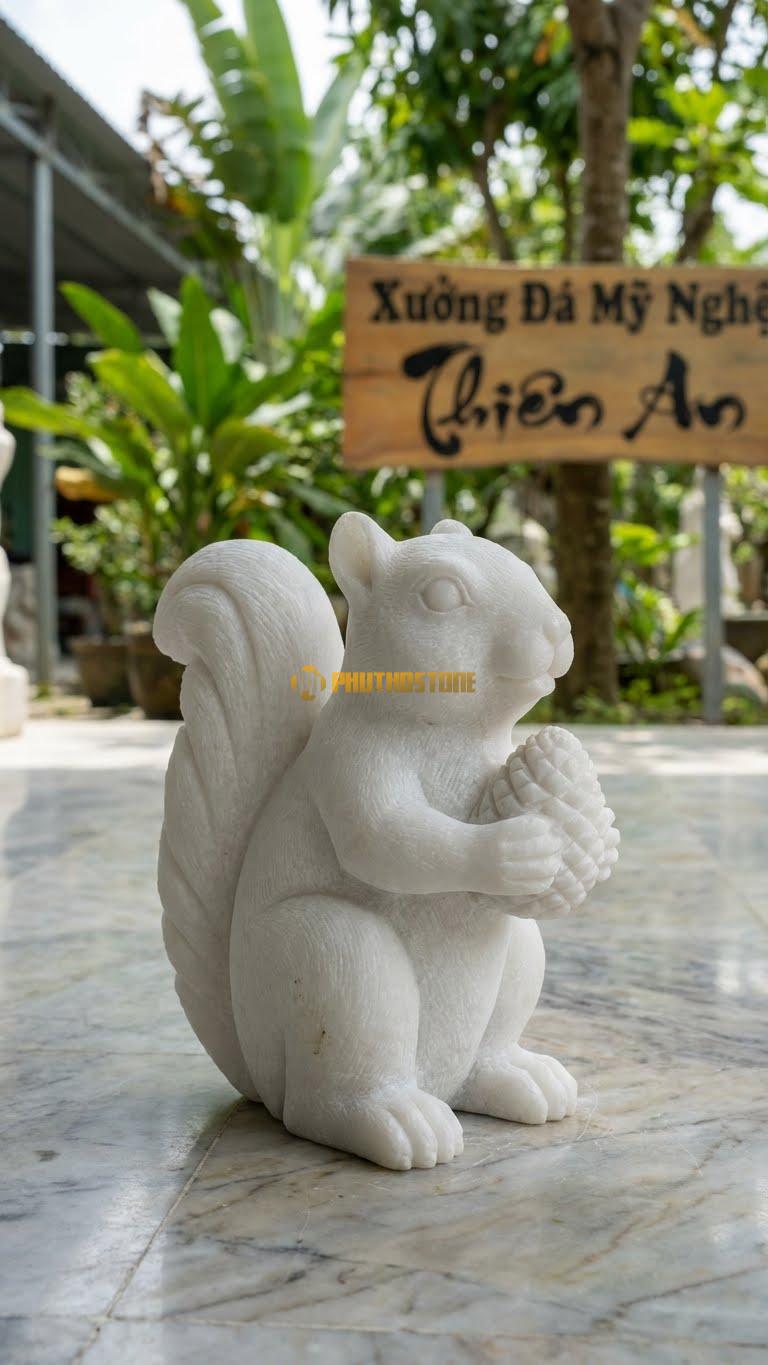Sóc Nhặt Quả Thông Bằng Đá Trắng Muối, Kiểu Dáng Kích Thước Cao 18cm.