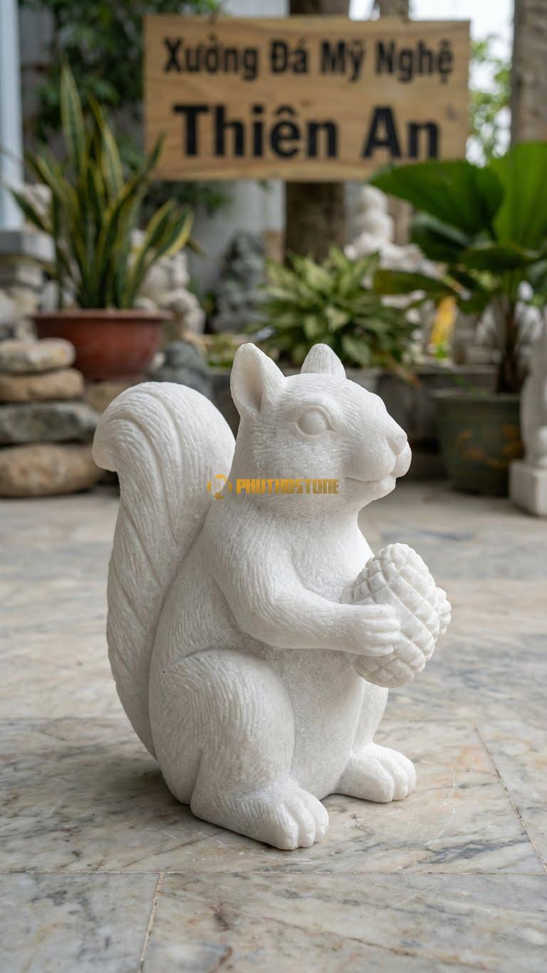 Sóc Nhặt Quả Thông Bằng Đá Trắng Muối, Kiểu Dáng Kích Thước Cao 18cm.