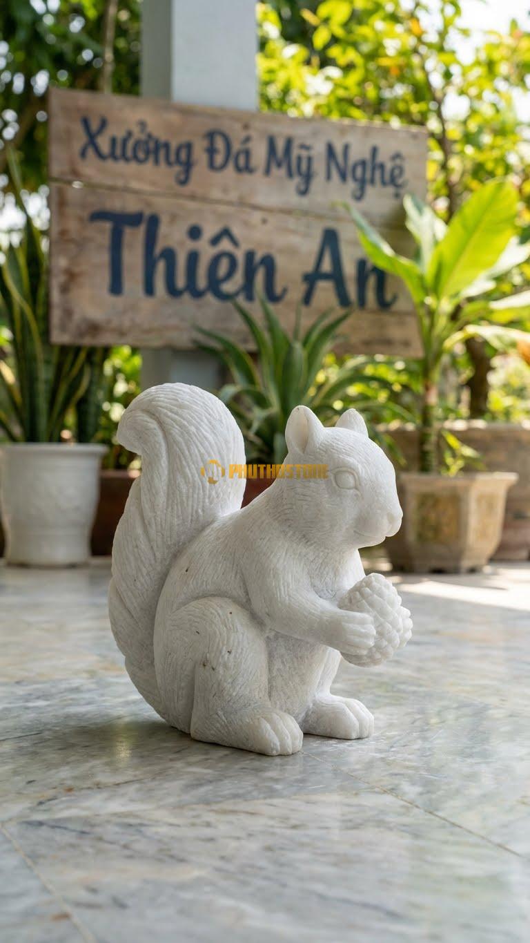 Sóc Nhặt Quả Thông Bằng Đá Trắng Muối, Kiểu Dáng Kích Thước Cao 18cm.