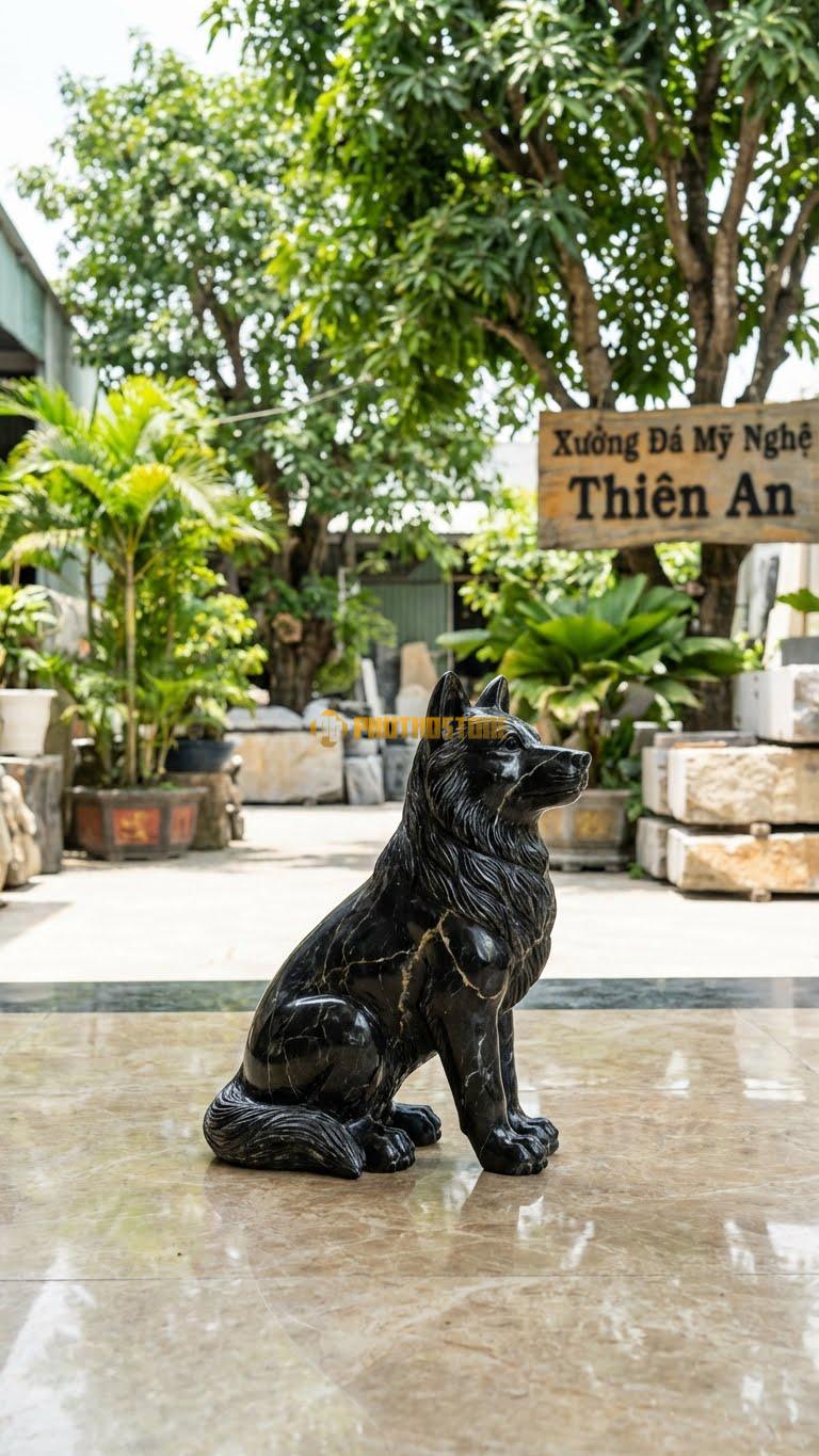 Sói Tuyết Bằng Đá Đen Chỉ Nâu, Kiểu Dáng Dùng Đá Trắng Vân Xám. Kích Thước Cao 30cm.