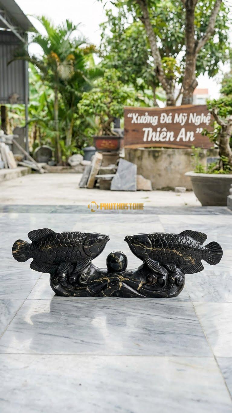 Song Long Tranh Châu Bằng Đá Đen Chỉ Nâu, Kiểu Dáng 2 Con Cá Rồng Bơi Ngược Chiều. Kích Thước Dài 55cm.