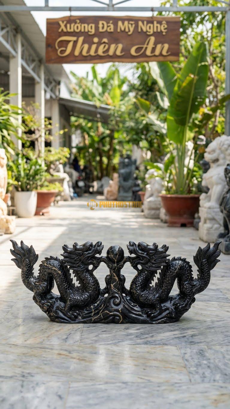 Song Long Tranh Châu Bằng Đá Đen Chỉ Nâu, Kiểu Dáng 2 Con Cá Rồng Bơi Ngược Chiều. Kích Thước Dài 55cm.