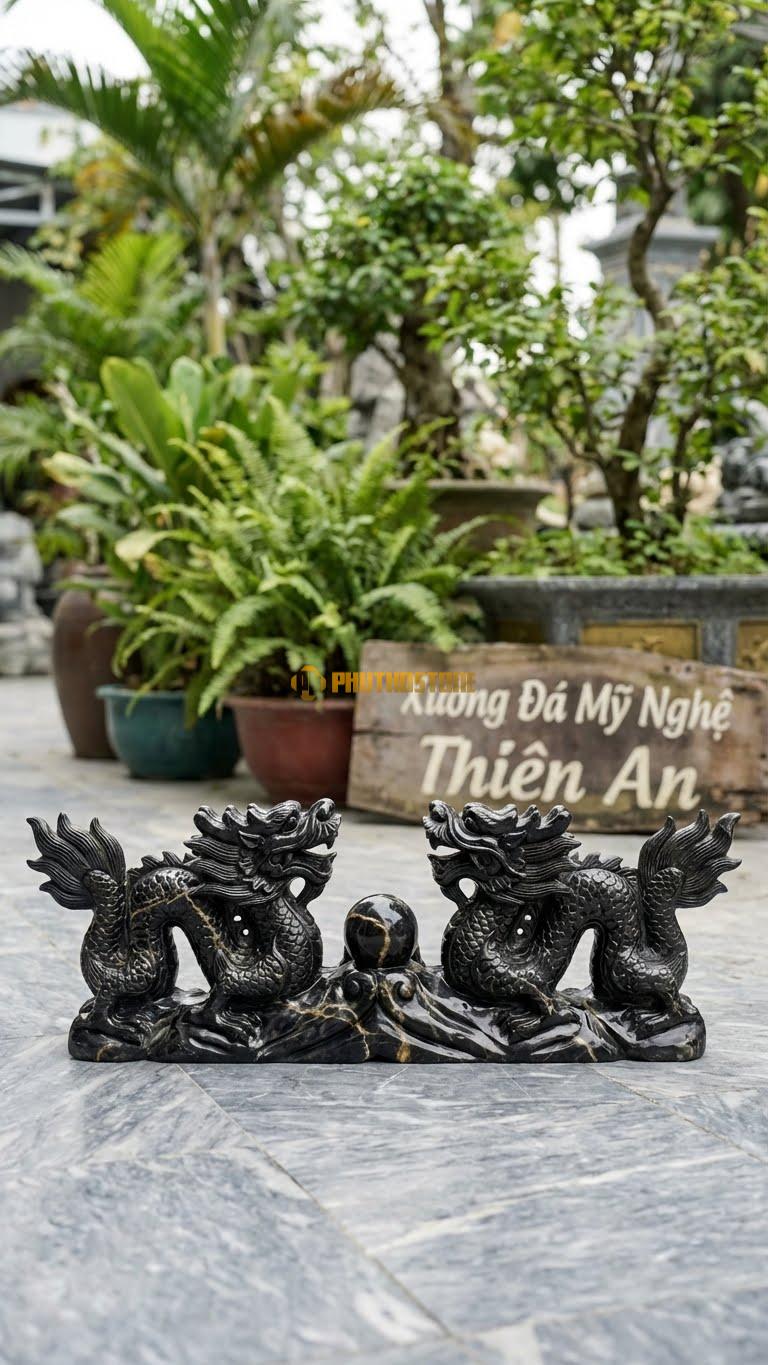 Song Long Tranh Châu Bằng Đá Đen Chỉ Nâu, Kiểu Dáng 2 Con Cá Rồng Bơi Ngược Chiều. Kích Thước Dài 55cm.
