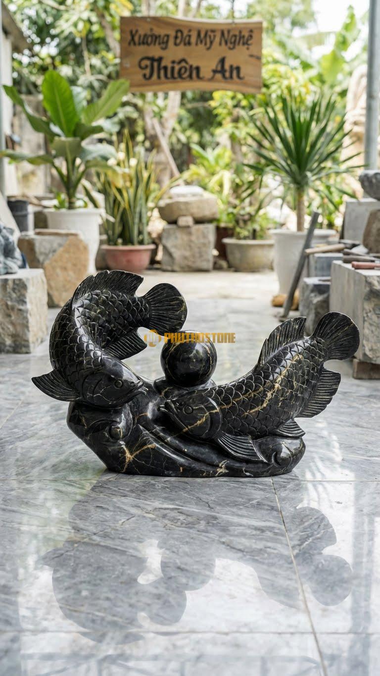 Song Long Tranh Châu Bằng Đá Đen Chỉ Nâu, Kiểu Dáng 2 Con Cá Rồng Bơi Ngược Chiều. Kích Thước Dài 55cm.