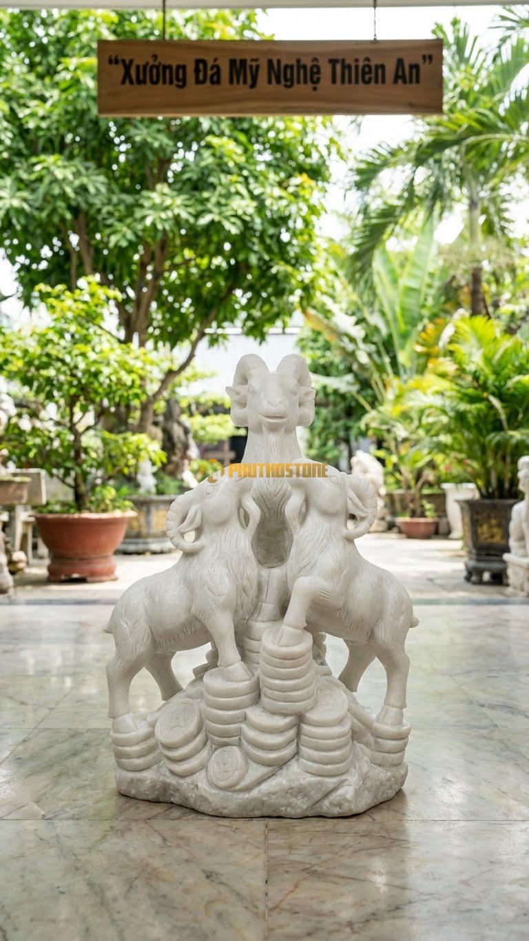 Tam Dương Khai Thái (3 Con Dê) Bằng Đá Trắng Muối, Kiểu Dáng Đứng Trên Núi Tiền. Kích Thước Cao 40cm.