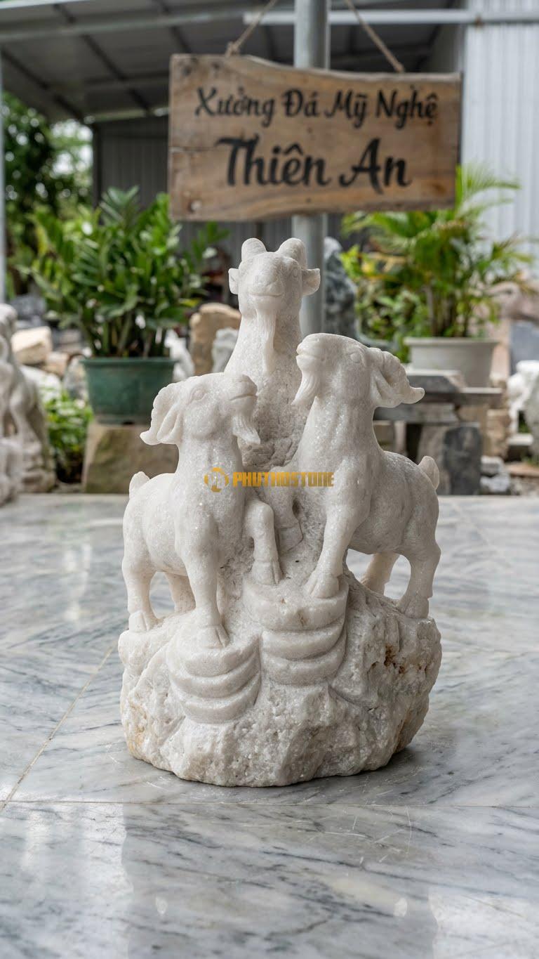 Tam Dương Khai Thái (3 Con Dê) Bằng Đá Trắng Muối, Kiểu Dáng Đứng Trên Núi Tiền. Kích Thước Cao 40cm.