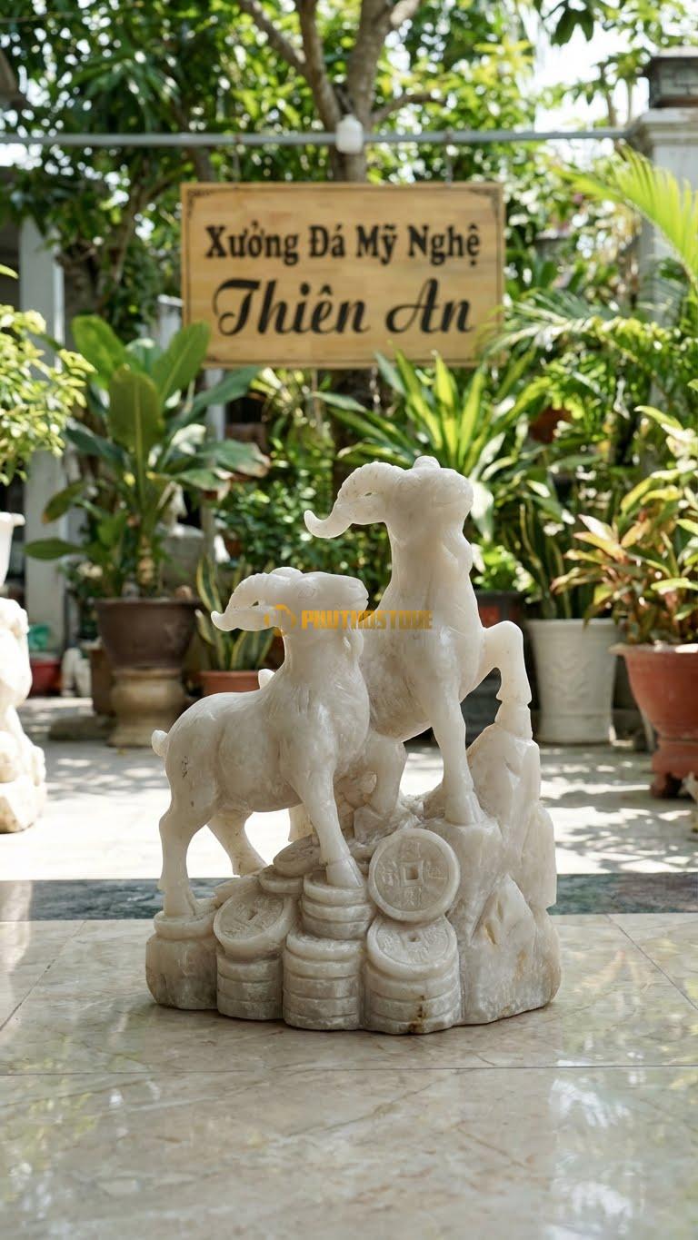 Tam Dương Khai Thái (3 Con Dê) Bằng Đá Trắng Muối, Kiểu Dáng Đứng Trên Núi Tiền. Kích Thước Cao 40cm.