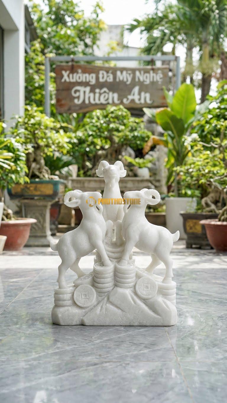 Tam Dương Khai Thái (3 Con Dê) Bằng Đá Trắng Muối, Kiểu Dáng Đứng Trên Núi Tiền. Kích Thước Cao 40cm.