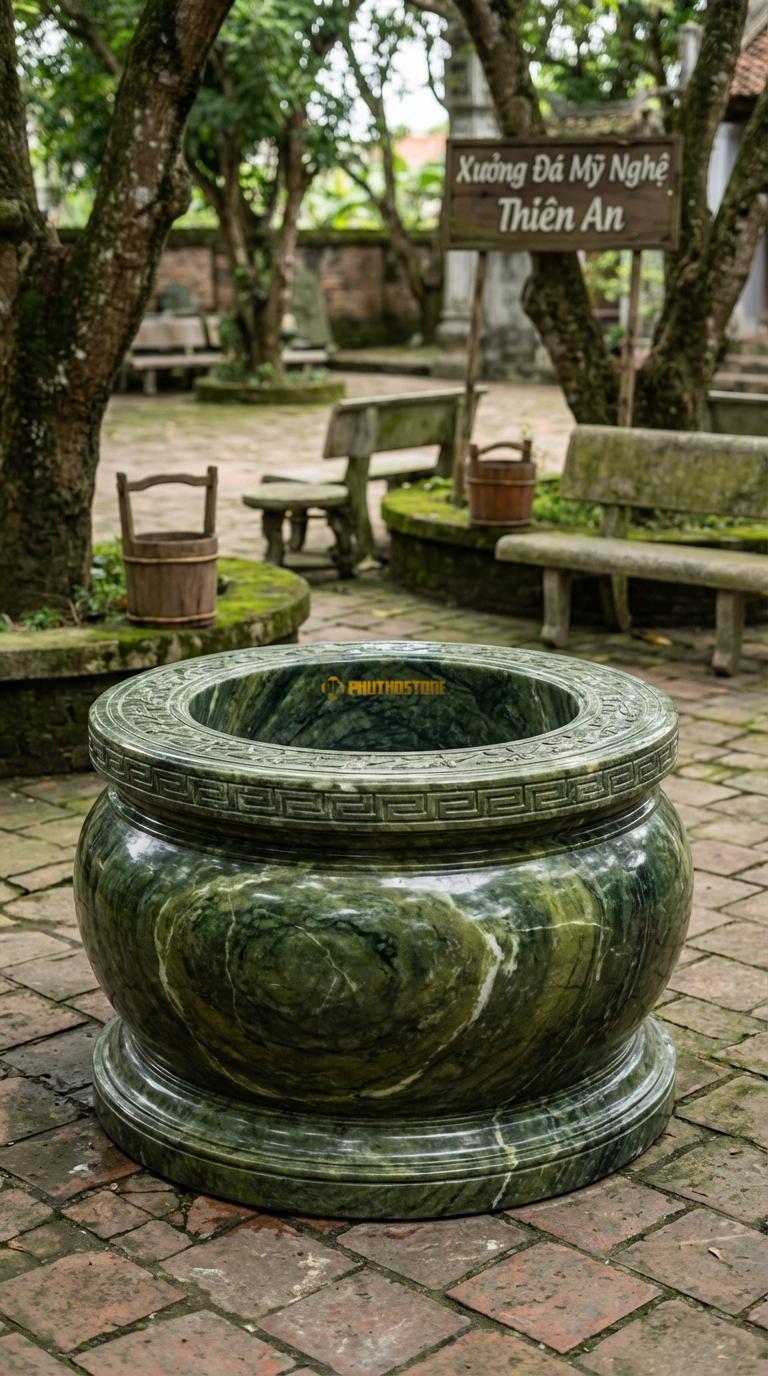 Tang Giếng Dáng Trống Đá Serpentine Bụng phình to như trống đồng, chạm hoa văn Lạc Việt, Kích thước đường kính 120cm x Cao 90cm