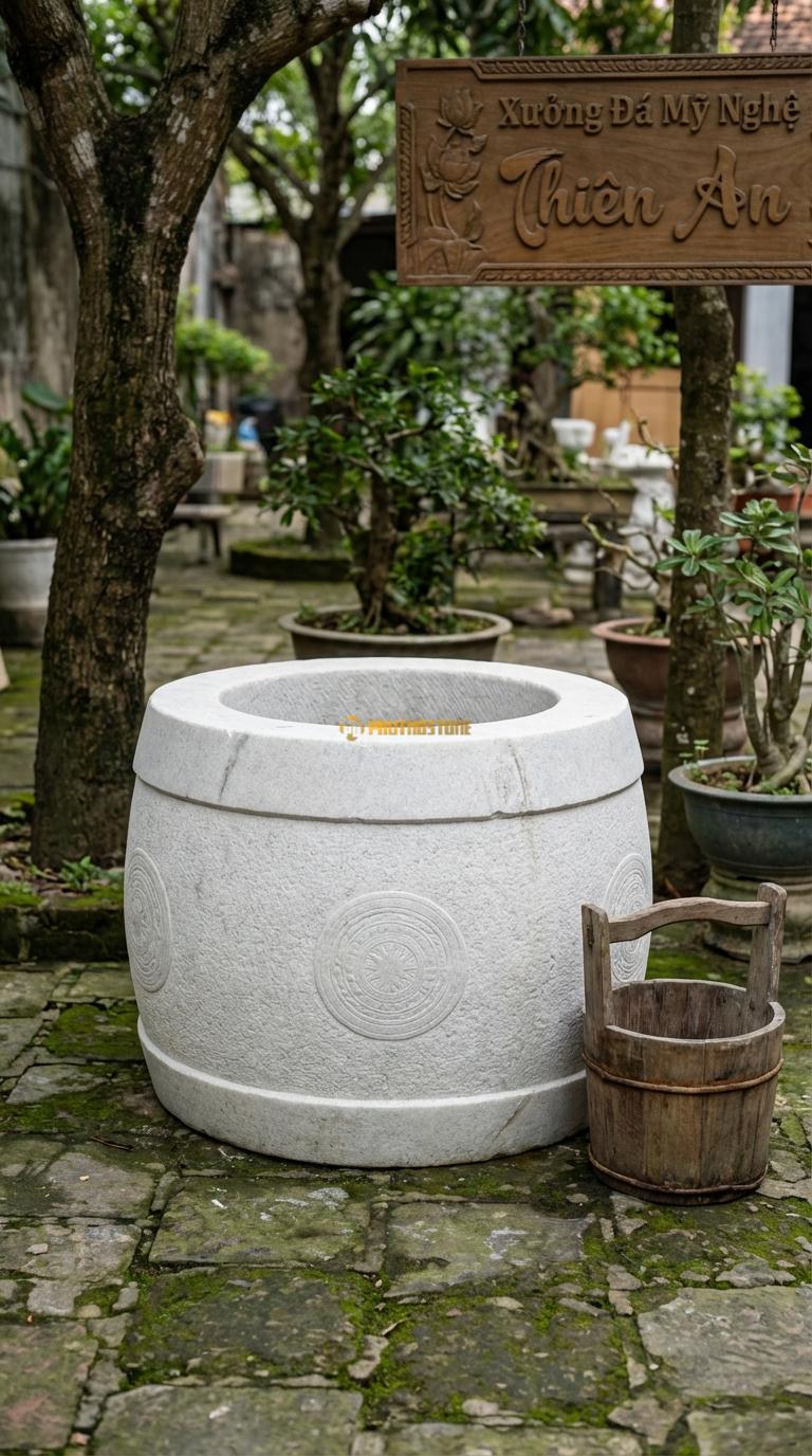 Tang Giếng Dáng Trống Đá Trắng Muối Bụng phình to như trống đồng, chạm hoa văn Lạc Việt, Kích thước đường kính 120cm x Cao 90cm