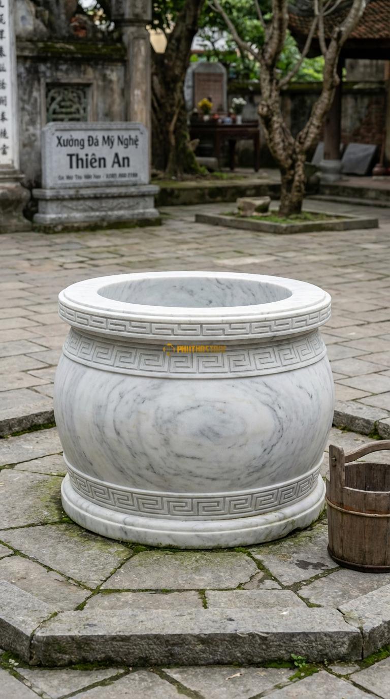 Tang Giếng Dáng Trống Đá Trắng Yên Bái Bụng phình to như trống đồng, chạm hoa văn Lạc Việt, Kích thước đường kính 120cm x Cao 90cm