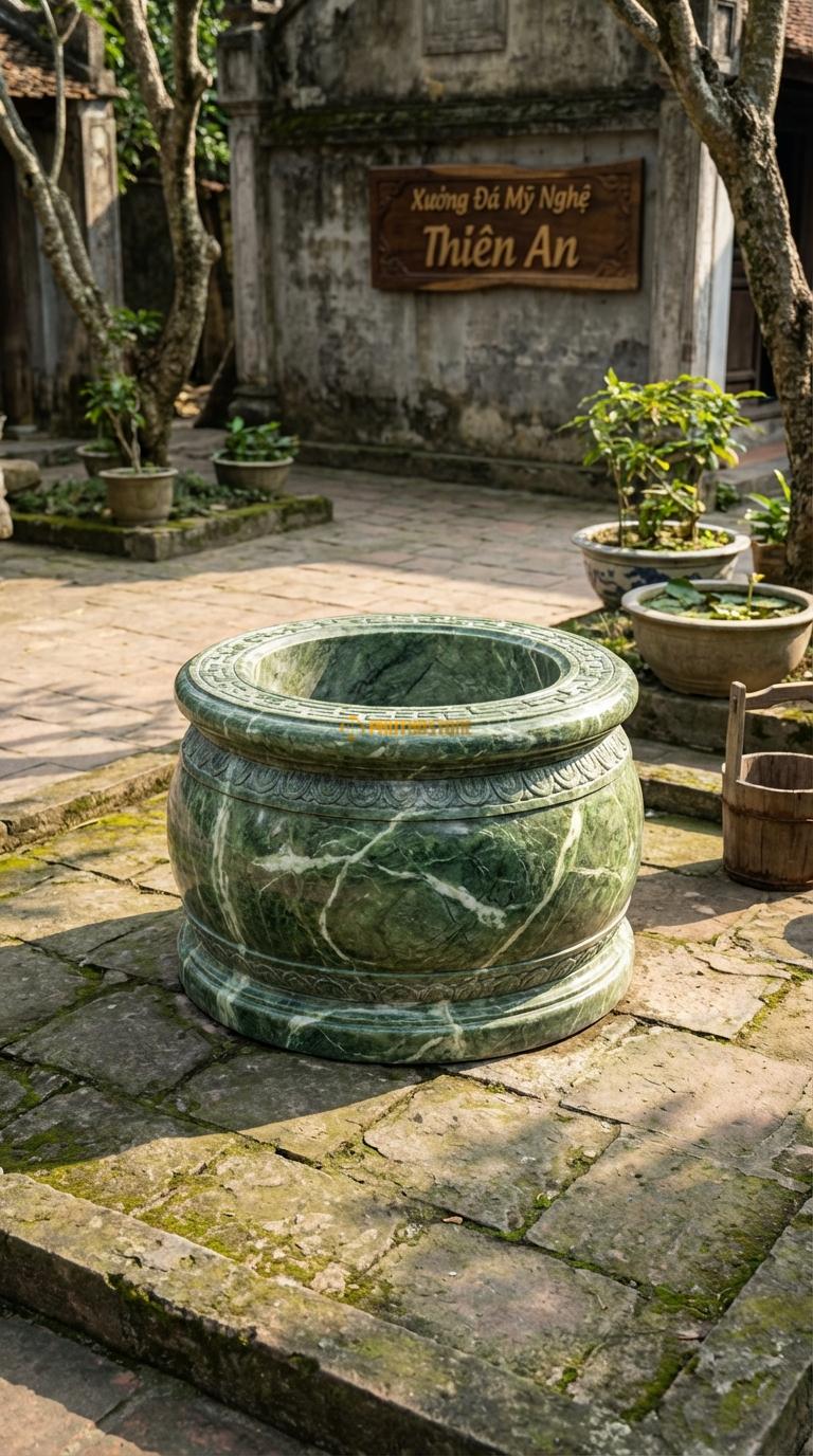 Tang Giếng Dáng Trống Đá Xanh Ấn Bụng phình to như trống đồng, chạm hoa văn Lạc Việt, Kích thước đường kính 120cm x Cao 90cm