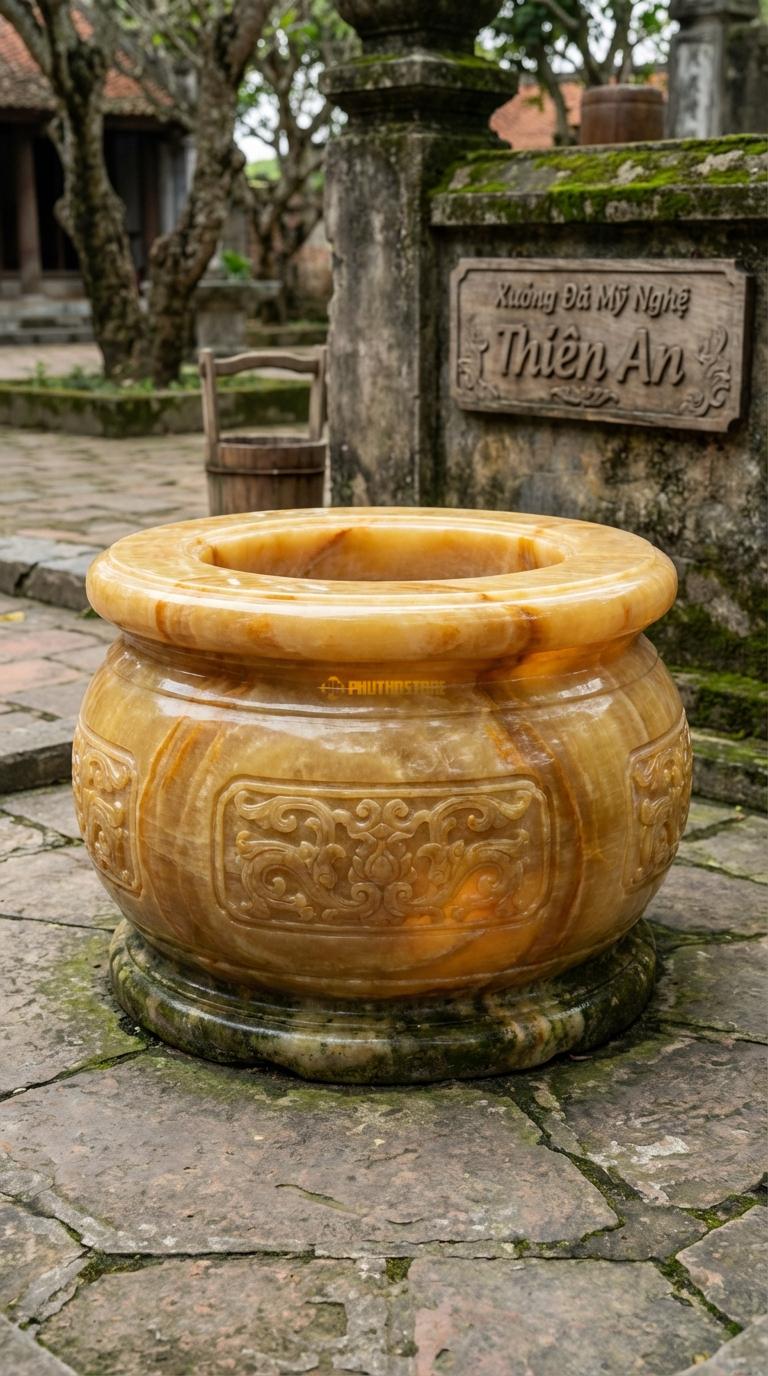 Tang Giếng Dáng Trống Ngọc hoàng long Bụng phình to như trống đồng, chạm hoa văn Lạc Việt, Kích thước đường kính 120cm x Cao 90cm