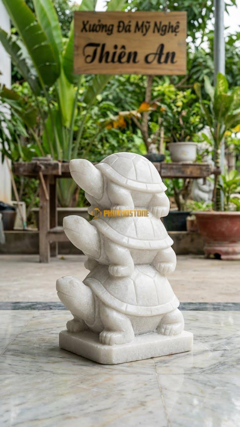 Tháp Rùa Bằng Đá Trắng Muối, Kiểu Dáng 3 Con Rùa Chồng Lên Nhau. Kích Thước Cao 30cm.