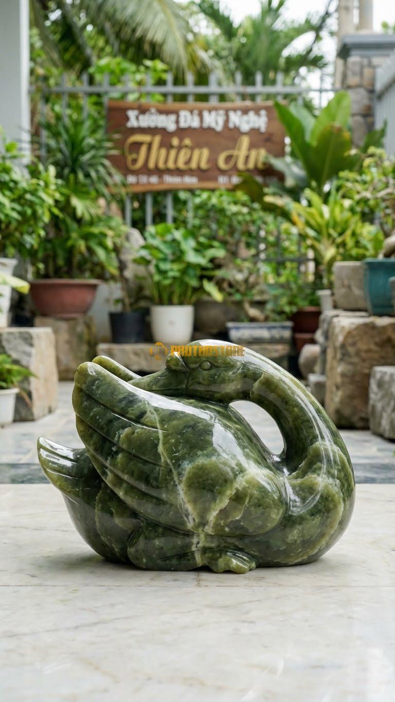 Thiên Nga Ngủ Bằng Đá Serpentine, Kiểu Dáng Đầu Rúc Vào Cánh. Kích Thước Dài 25cm.