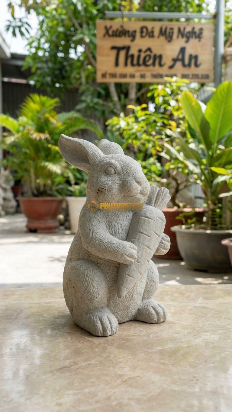 Thỏ Ăn Cà Rốt Bằng Đá Sa Thạch, Kiểu Dáng Hai Tay Ôm Củ Cà Rốt Lớn. Kích Thước Cao 25cm.