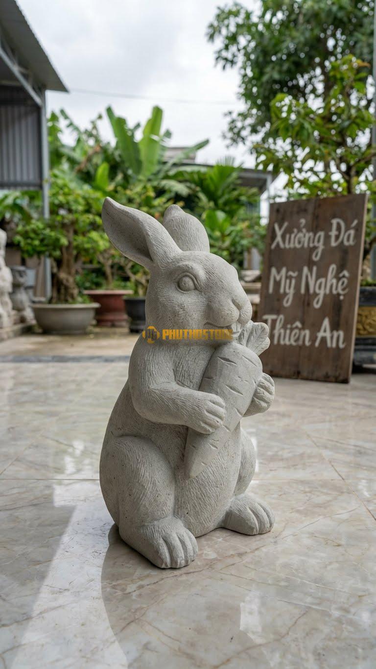 Thỏ Ăn Cà Rốt Bằng Đá Sa Thạch, Kiểu Dáng Hai Tay Ôm Củ Cà Rốt Lớn. Kích Thước Cao 25cm.