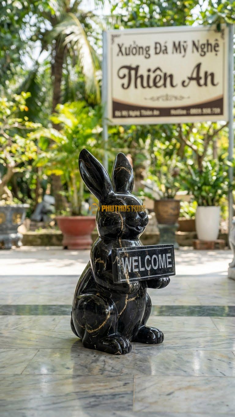 Thỏ Cầm Biển Chào Bằng Đá Đen Chỉ Nâu, Kiểu Dáng Cầm Bảng ‘Welcome’. Kích Thước Cao 50cm (Đặt Cổng Vườn).