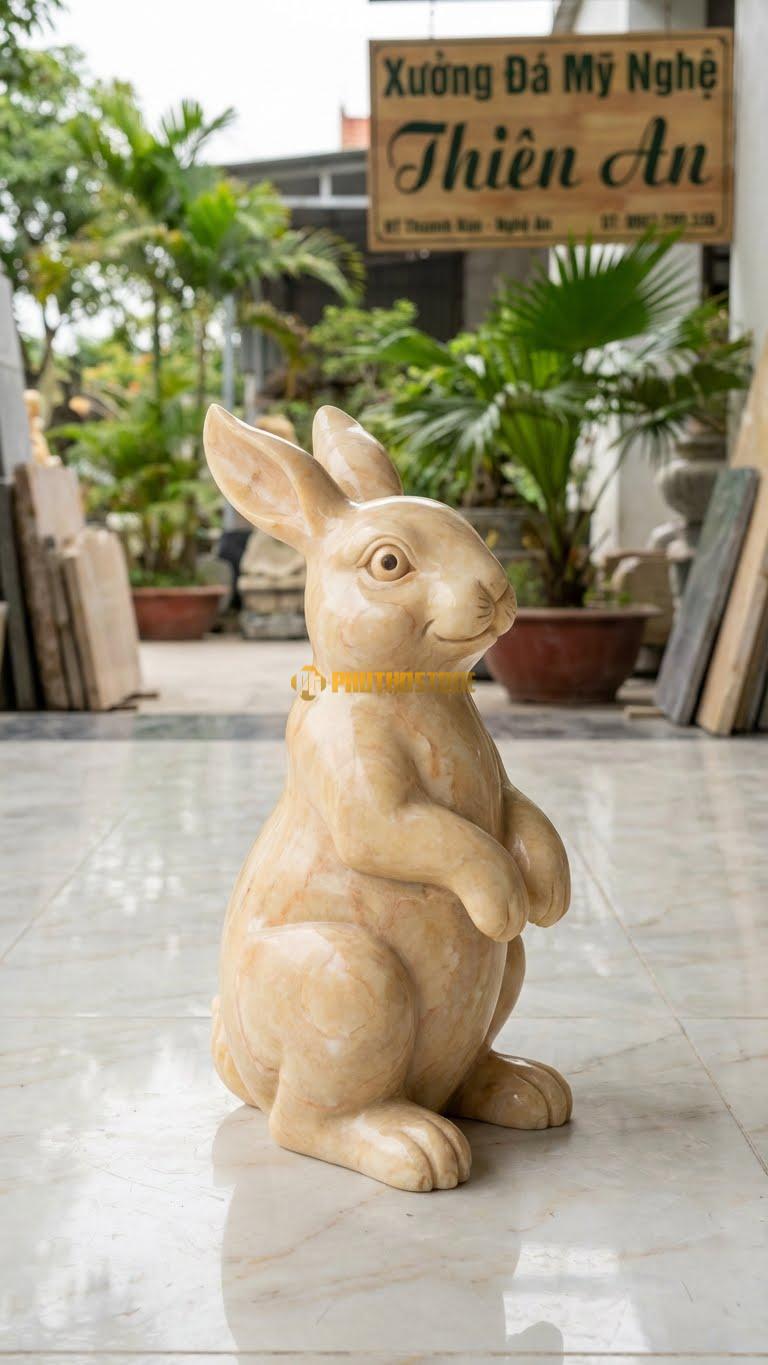 Thỏ Đứng Hai Chân Bằng Đá Vàng Nghệ An, Kiểu Dáng Ngơ Ngác Nhìn Xung Quanh. Kích Thước Cao 30cm.