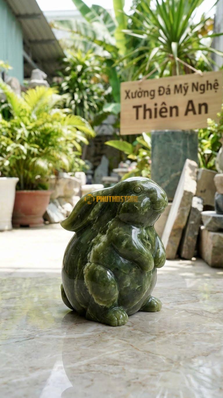 Thỏ Mập (Dáng Khối) Bằng Đá Serpentine, Kiểu Dáng Ít Chi Tiết, Bo Tròn (Minimalist). Kích Thước Cao 15cm.