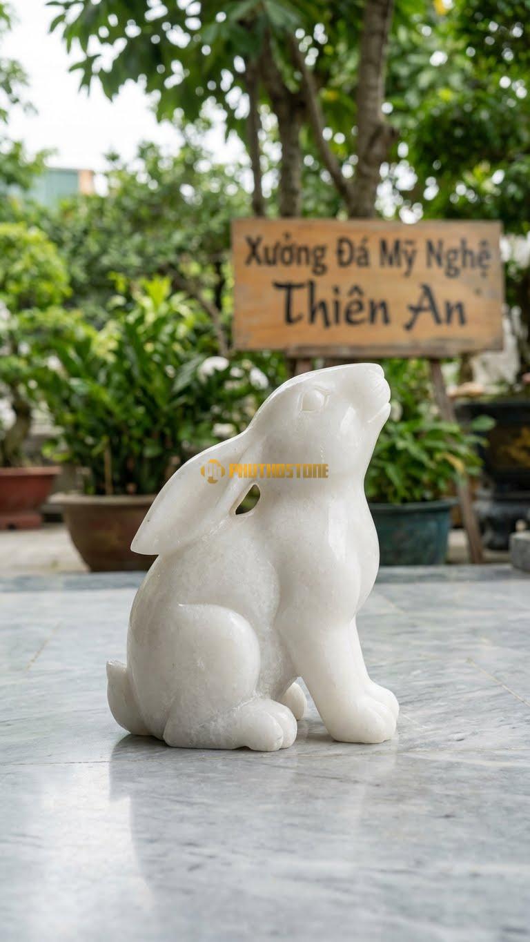 Thỏ Ngọc Ngắm Trăng Bằng Đá Trắng Muối, Kiểu Dáng Dáng Ngồi, Đầu Ngẩng Cao. Kích Thước Cao 30cm.