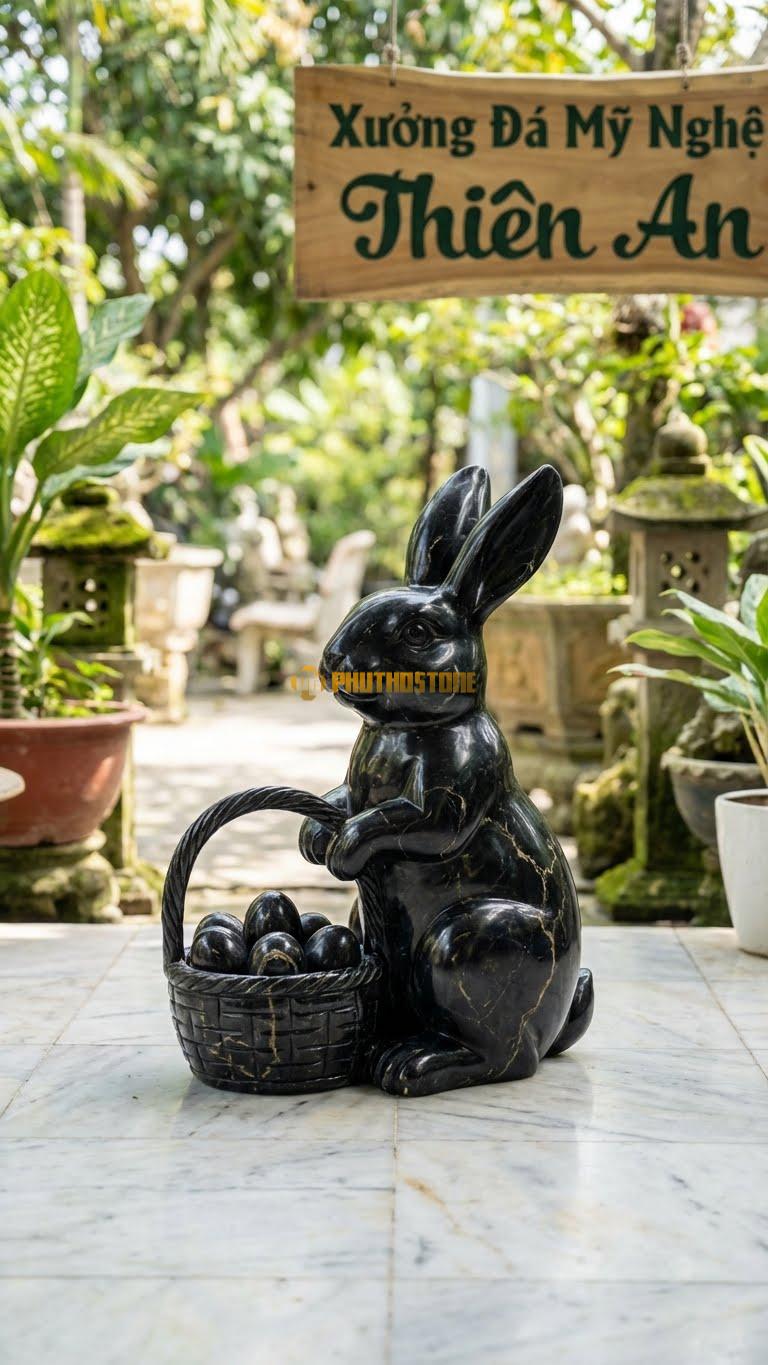 Thỏ Phục Sinh (Easter Bunny) Bằng Đá Đen Chỉ Nâu, Kiểu Dáng Thỏ Đứng Cạnh Giỏ Trứng. Kích Thước Cao 35cm.