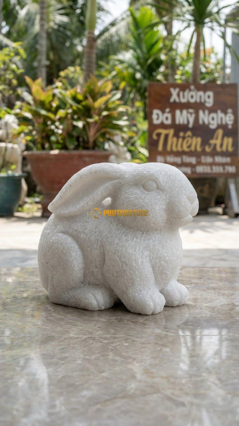 Thỏ Tai Cụp (Lop-Eared) Bằng Đá Trắng Muối, Kiểu Dáng Dáng Tròn, Tai Rủ Xuống Đất. Kích Thước Dài 20cm.