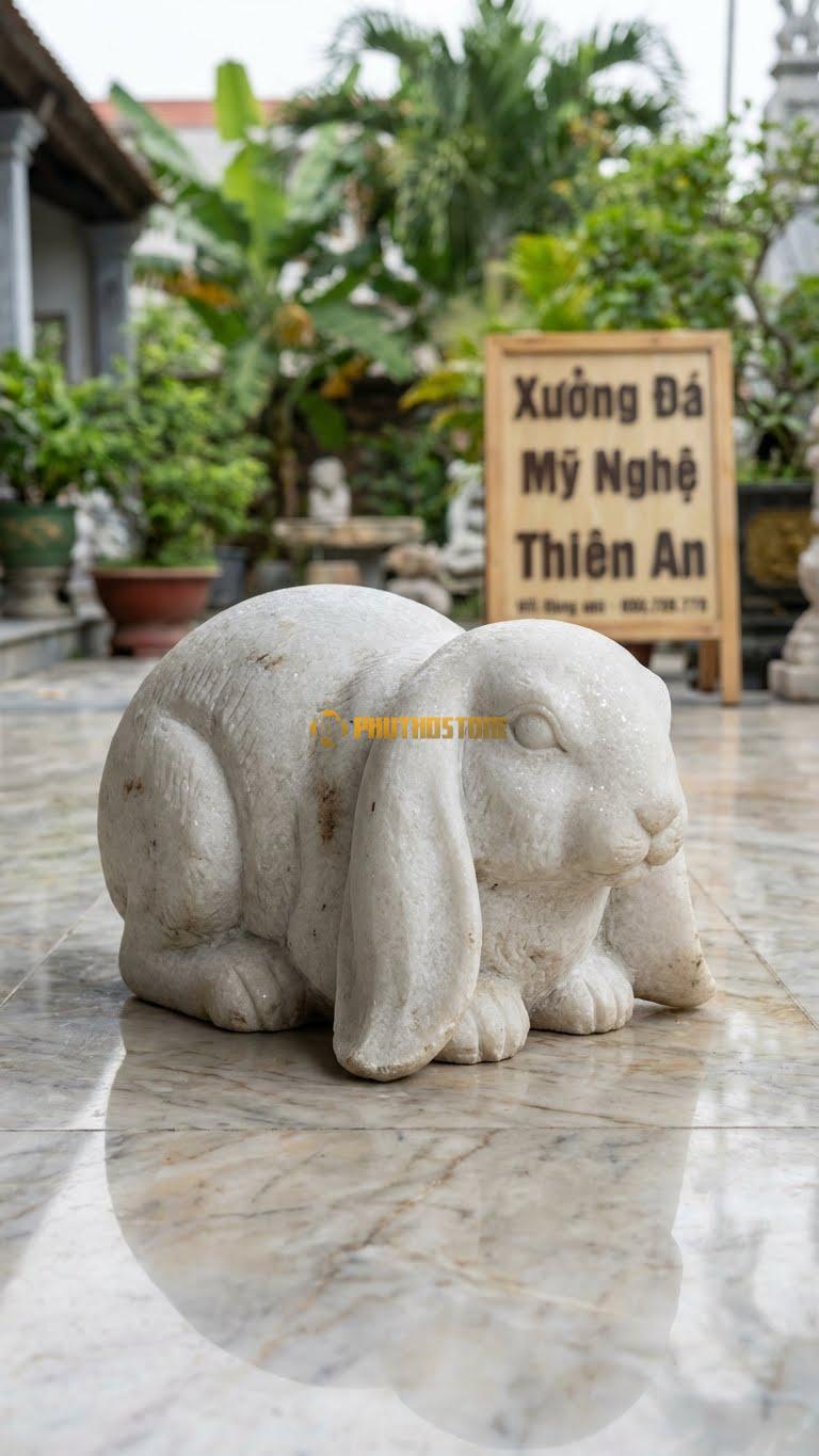 Thỏ Tai Cụp (Lop-Eared) Bằng Đá Trắng Muối, Kiểu Dáng Dáng Tròn, Tai Rủ Xuống Đất. Kích Thước Dài 20cm.