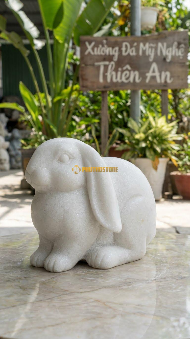 Thỏ Tai Cụp (Lop-Eared) Bằng Đá Trắng Muối, Kiểu Dáng Dáng Tròn, Tai Rủ Xuống Đất. Kích Thước Dài 20cm.